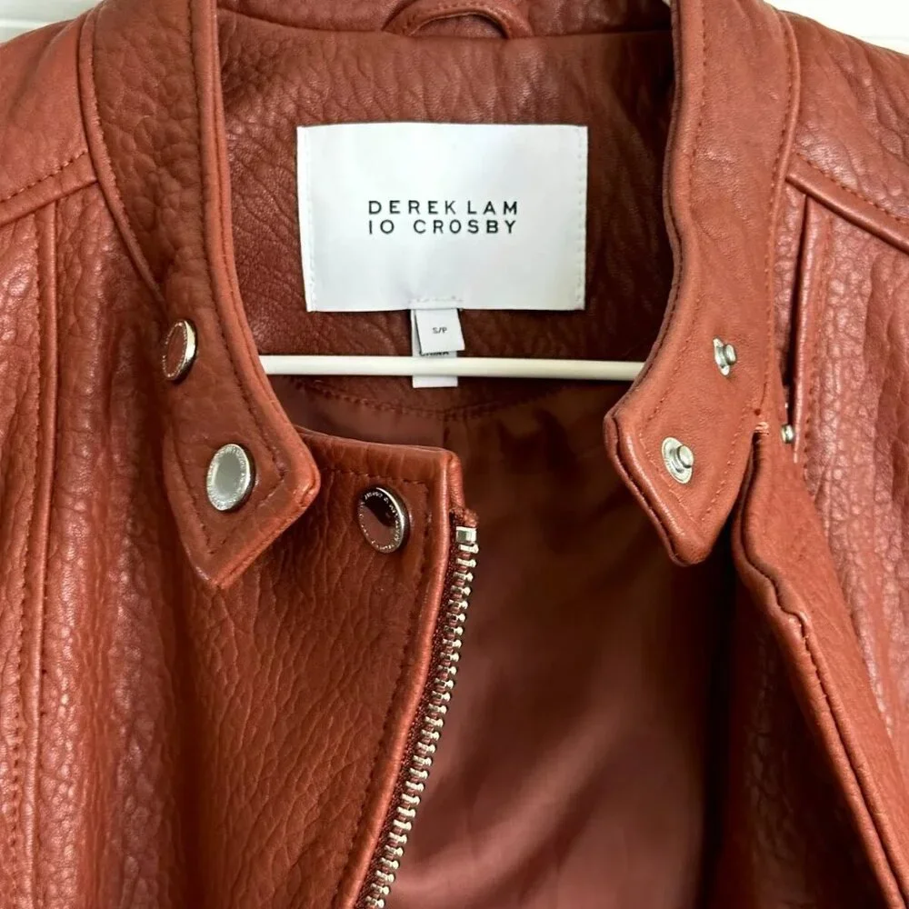 Women's DEREK LAM 10 Crosby Cognac Lambskin Leather Moto Jacket - Size S